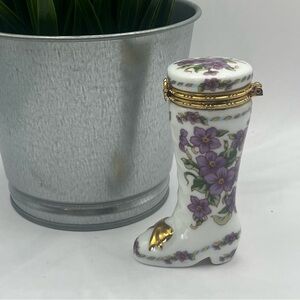Lefton Boot Trinket Box Hand-Painted Purple Flowers‎ and Gold Trim